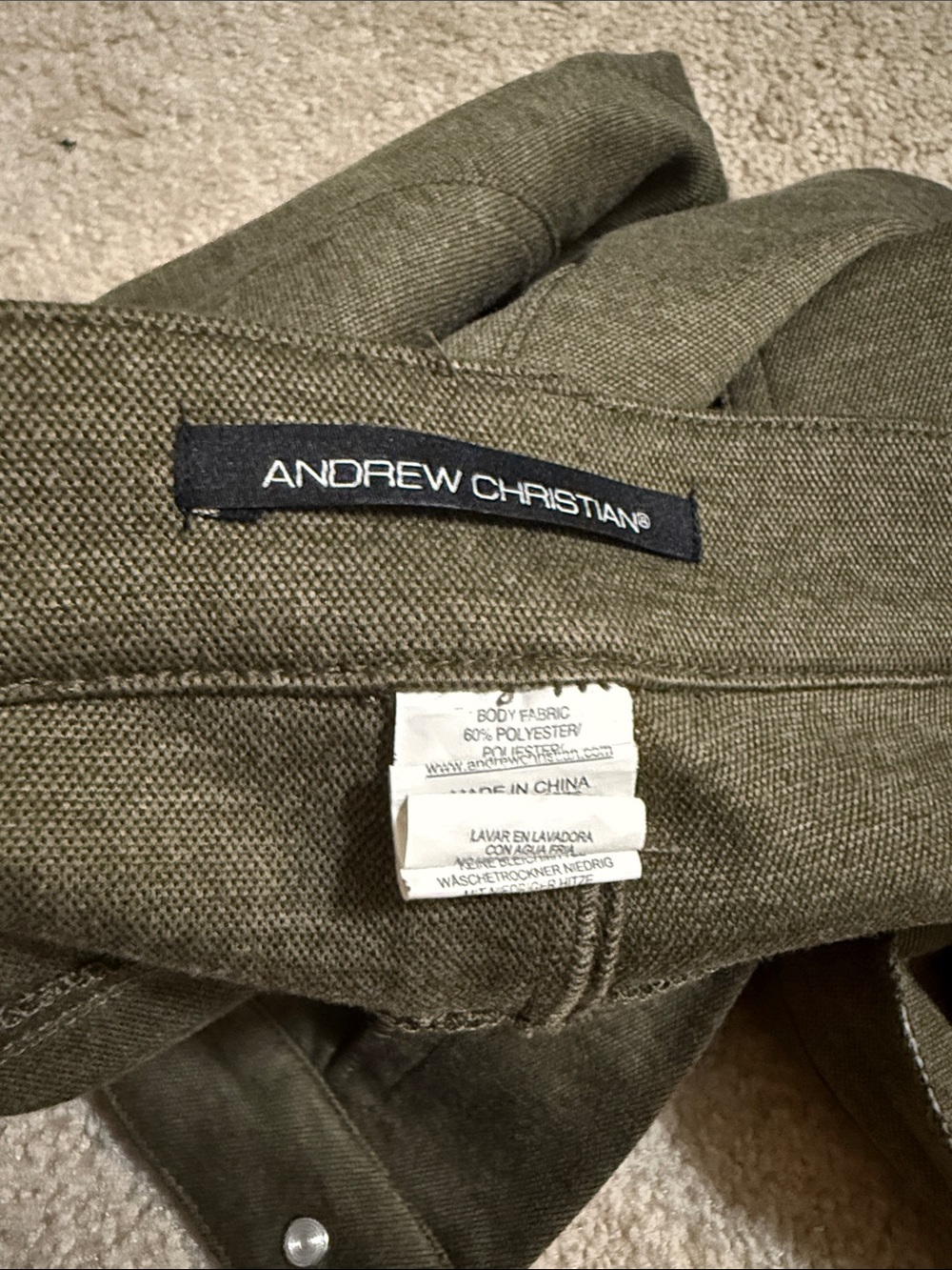 Andrew Christian Olive Green Stretch Jean Shorts - Picture 2 of 4